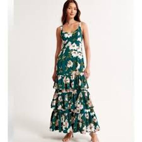 Abercrombie Drama Ruffle Tiered Maxi Dress Green Floral Medium Tall NWT - Picture 7 of 7